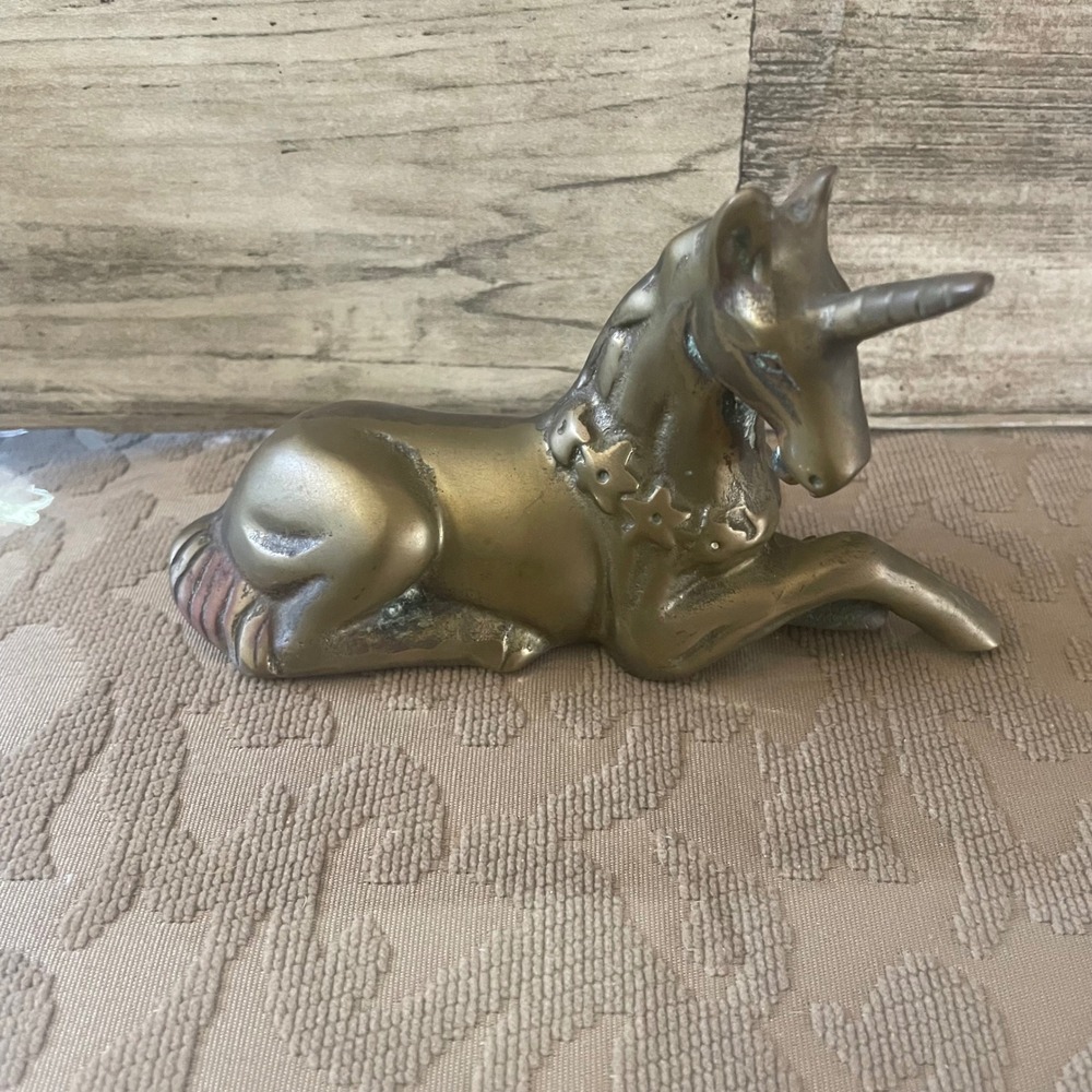Vintage Solid Brass Reclining Unicorn Figurine Star Collar Mythical Statue Decor